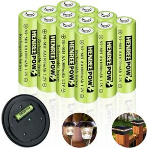 Henreepow Rechargeable AA Batteries, Ni-MH Double A Solar Batteries High Capacity 1.2V Pre-Charged for Outdoor Solar Lights, String Lights，Pathway Lights(AA-1000mAh-12pack)