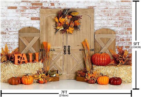 MEHOFOND 7x5ft Autumn Halloween Thanksgiving Photography Backdrop Fall Barn Rustic Wooden Door Harvest Background Pumpkins Maple Baby Shower Decor Portrait Photo Background Photo Booth Studio in Saudi Arabia