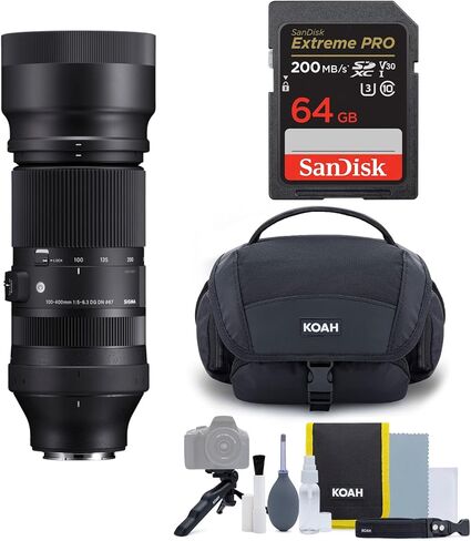 عدسة سيجما 100-400 ملم f/5-6.3 DG DN OS المعاصرة لحزمة Sony E-Mount مع حقيبة أدوات نظام الكاميرا مع مجموعة الملحقات والتنظيف، وبطاقات ذاكرة 64 جيجابايت (عبوتان) (4 عناصر) in Kuwait