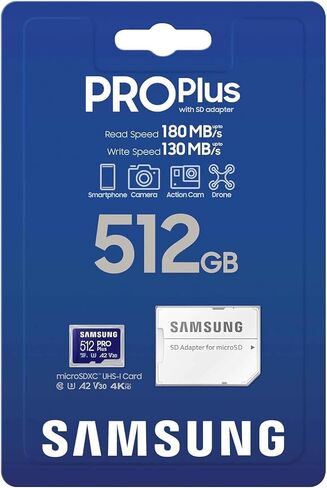 Samsung PRO Plus microSD Card + SD Adapter 512GB for Mobile Gaming on Smartphones, Tablets and Handheld Consoles, UHS-I U3, Full HD & 4K UHD, 180MB/s Read, 130MB/s Write, MB-MD512SA/EU in Kuwait