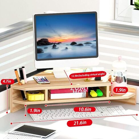 Triangle Monitor Stand Riser,Cut Triangle Save Space Desktop Corner,Desktop corner shelf with drawers wooden computer stand with storage laptop risers office organization. (Have drawers) in Kuwait
