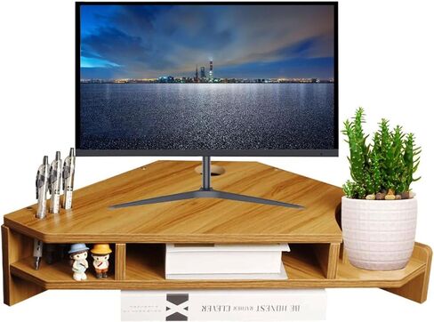 Triangle Monitor Stand Riser,Cut Triangle Save Space Desktop Corner,Desktop corner shelf with drawers wooden computer stand with storage laptop risers office organization. (Have drawers) in Kuwait