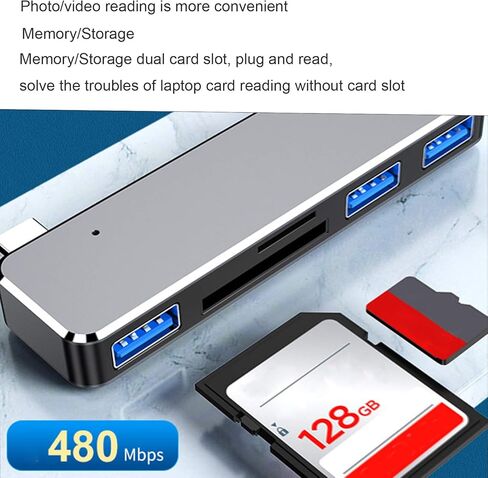 موزع USB C، محطة توصيل متعددة المنافذ 5 في 1 من النوع C الى الذاكرة/بطاقة التخزين/محول USB3.0 TF/SD فتحة بطاقة مزدوجة بروتوكول SD3.0 سرعة قراءة تبلغ حوالي 480 ميجابت لكل ثانية من التوصيل والقراءة in Kuwait