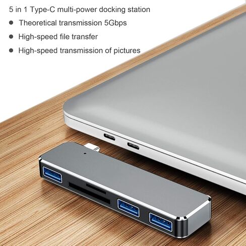 موزع USB C، محطة توصيل متعددة المنافذ 5 في 1 من النوع C الى الذاكرة/بطاقة التخزين/محول USB3.0 TF/SD فتحة بطاقة مزدوجة بروتوكول SD3.0 سرعة قراءة تبلغ حوالي 480 ميجابت لكل ثانية من التوصيل والقراءة in Kuwait