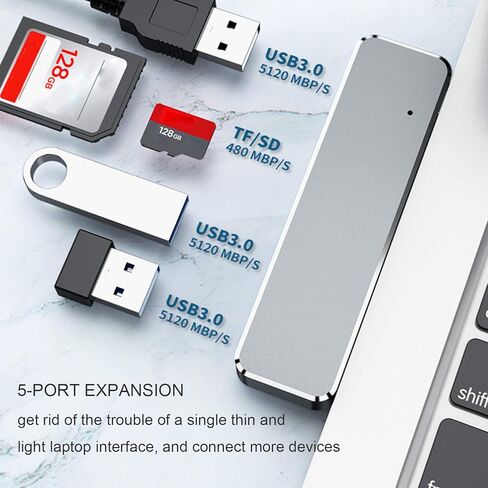 موزع USB C، محطة توصيل متعددة المنافذ 5 في 1 من النوع C الى الذاكرة/بطاقة التخزين/محول USB3.0 TF/SD فتحة بطاقة مزدوجة بروتوكول SD3.0 سرعة قراءة تبلغ حوالي 480 ميجابت لكل ثانية من التوصيل والقراءة in Kuwait