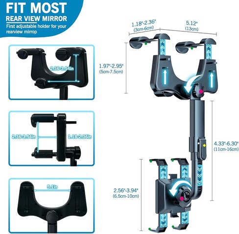 حامل موبايل لمراة الرؤية الخلفية للسيارة قابل للدوران 360 درجة وقابل للسحب مع طول قابل للتعديل مطور عالمي لجميع الموبايلات وجميع السيارات in Kuwait