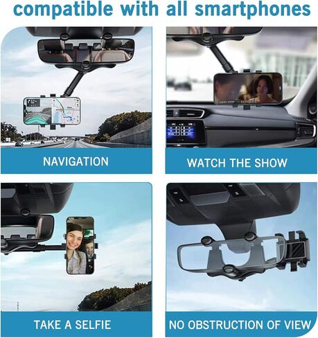 حامل موبايل لمراة الرؤية الخلفية للسيارة قابل للدوران 360 درجة وقابل للسحب مع طول قابل للتعديل مطور عالمي لجميع الموبايلات وجميع السيارات in Kuwait