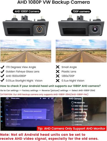 كاميرا احتياطية AHD 1080P، كاميرا عكسية للسيارة GreenYi لسيارة Audi A4L A5 A3 Q3 Q5 RS6 لسيارة VW Passat Tiguan Jetta Touareg Skoda، تعمل فقط مع وحدة رأس راديو الشاشة التي تدعم إشارة فيديو AHD 1080P in Kuwait