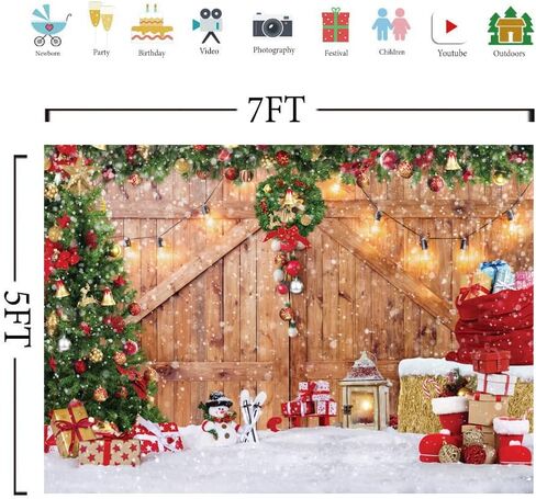 lycgs 7x5ft عيد الميلاد خلفية ريفي عيد الميلاد باب الحظيرة التصوير خلفية الشتاء شجرة عيد الميلاد الثلوج كومة قش هدية جدار الأيائل ثلج صورة خلفية الأسرة عطلة لوازم راية X-69 in Saudi Arabia