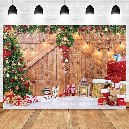 lycgs 7x5ft عيد الميلاد خلفية ريفي عيد الميلاد باب الحظيرة التصوير خلفية الشتاء شجرة عيد الميلاد الثلوج كومة قش هدية جدار الأيائل ثلج صورة خلفية الأسرة عطلة لوازم راية X-69 in Saudi Arabia