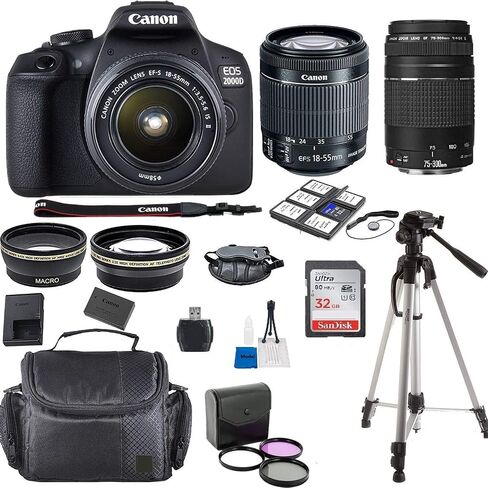 Canon EOS 2000D Rebel T7 Kit with EF-S 18-55mm f/3.5-5.6 III Lens + Canon 75-300 Lens F/4.5-5.6 III + Accessory Bundle + Model Electronics Cloth (Renewed) in Saudi Arabia