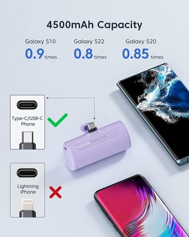 شاحن Kuulaa المحمول USB C باور بانك 4500 مللي أمبير في الساعة، شاحن هاتف محمول صغير يعمل بنظام Android، قابس مدمج في حزمة بطارية محمولة متوافق مع Samsung Galaxy، Moto، LG، Pixel (مخرج النوع C فقط) أرجواني in Saudi Arabia