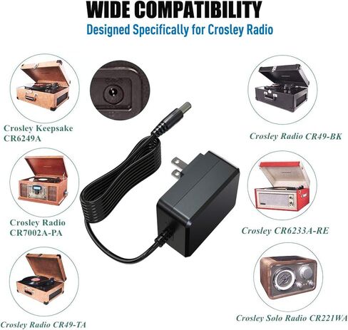 محول تيار متردد 12 فولت من PLUSPOE لراديو كروسلي CR49 CR49-BT CR49-TA CR249 CR249-TA CR32CD CR6233A CR6233A-RE CR7002A-PA مشغل تسجيل القرص الدوار بديل سلك شاحن إمداد الطاقة، مدرج في قائمة UL in Kuwait