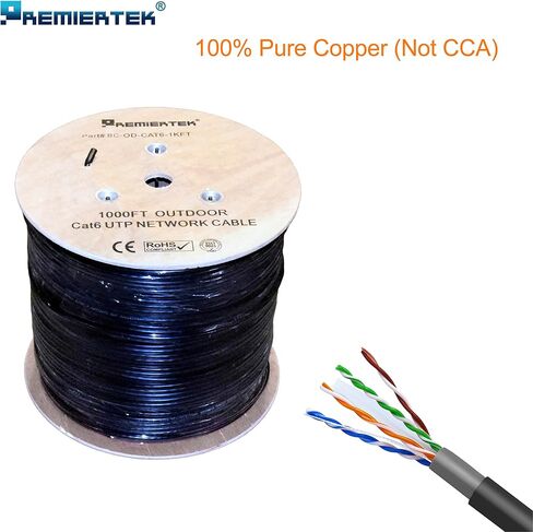 Premiertek.net - BC-OD-CAT6-1KFT - Premiertek CAT6 خارجي UTP 1000FT نحاس - كابل شبكات من فئة 1000 قدم من أجل أجهزة الشبكة، لوحة ربط - سلك مجوف - 125 ميغا بايت/ثانية - أسود - عبوة واحدة in Kuwait