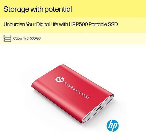 محرك الأقراص الصلبة المحمول HP 500GB P500، بسرعة 420 ميجابايت/ثانية، وكابل USB من النوع C إلى A ومحول من النوع A إلى C، وسرعات نقل سريعة وخفيف الوزن in Kuwait