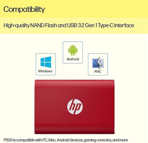 محرك الأقراص الصلبة المحمول HP 500GB P500، بسرعة 420 ميجابايت/ثانية، وكابل USB من النوع C إلى A ومحول من النوع A إلى C، وسرعات نقل سريعة وخفيف الوزن in Kuwait