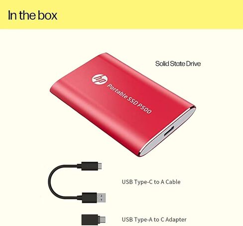 محرك الأقراص الصلبة المحمول HP 500GB P500، بسرعة 420 ميجابايت/ثانية، وكابل USB من النوع C إلى A ومحول من النوع A إلى C، وسرعات نقل سريعة وخفيف الوزن in Kuwait