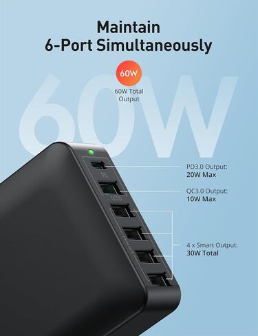 USB Charger 60W USB Charging Hub 12A 6-Port Desktop USB Charging Station with Multiple Port Compatible with iPhone 15 Pro Max 14 Pro Max 13 Pro Max, iPad Pro Air Galaxy S23 Edge Note Dark Black in Saudi Arabia