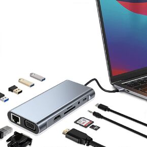 موزع USB C متعدد المنافذ، قاعدة شحن 11 في 1 مع HDMI 4K وVGA و1000 RJ45 ايثرنت وشحن PD وUSB 3.0/2.0 وبطاقة SD/TF، موزع عالمي متوافق مع ماك بوك ديل لينوفو سيرفس لاب توب in Kuwait