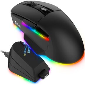 KLIM Blaze X RGB + New 2023 + ماوس ألعاب لاسلكي قابل لإعادة الشحن مع قاعدة شحن + بطارية طويلة الأمد + ما يصل إلى 12000 نقطة في البوصة + ماوس سلكي ولاسلكي للكمبيوتر الشخصي، PS5، PS4، Mac + أسود
