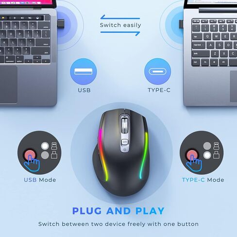 VssoPlor Type C Wireless Mouse, Jiggler Mouse 2.4G USB C Cordless Quiet Rechargeable LED Dual Modes Computer Mice Mover Undetectable Keeps Computer Awake for PC, MacBook, ipad-Black in Kuwait