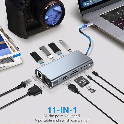 موزع USB C متعدد المنافذ، قاعدة شحن 11 في 1 مع HDMI 4K وVGA و1000 RJ45 ايثرنت وشحن PD وUSB 3.0/2.0 وبطاقة SD/TF، موزع عالمي متوافق مع ماك بوك ديل لينوفو سيرفس لاب توب in Kuwait