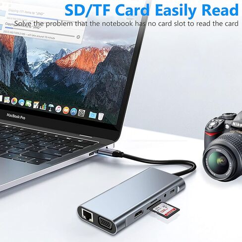 موزع USB C متعدد المنافذ، قاعدة شحن 11 في 1 مع HDMI 4K وVGA و1000 RJ45 ايثرنت وشحن PD وUSB 3.0/2.0 وبطاقة SD/TF، موزع عالمي متوافق مع ماك بوك ديل لينوفو سيرفس لاب توب in Kuwait