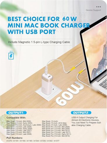 شاحن ماك بوك برو بديل صغير بقدرة 60 وات، 13 15 بوصة قبل منتصف عام 2012 مع منفذ USB، موصل طرف مغناطيسي من النوع L من الجيل الأول، محول كمبيوتر محمول يعمل بالتيار المتردد أثناء السفر A1278 2011 2010... in Kuwait