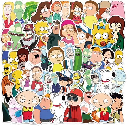 PIRTYNNUF 50 قطعة من ملصقات الرسوم المتحركة الرسوم المتحركة حزم ملصقات رائعة لأجهزة الكمبيوتر المحمول وحافظة الهاتف وزجاجة المياه وممتص الصدمات على لوح التزلج والأمتعة وملصقات الرسوم المتحركة للمراهقين والبالغين in Kuwait