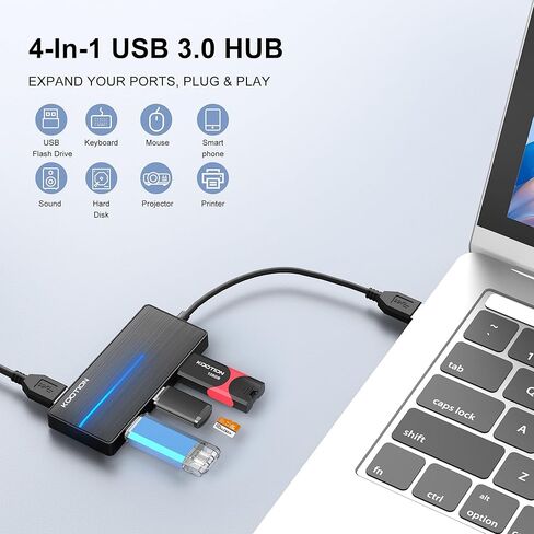 KOOTION 4-Port USB 3.0 Hub، مركز بيانات رفيع للغاية (سرعة نقل 5 جيجابت في الثانية) مع مؤشر LED لأجهزة MacBook، Windows PC، Surface، Mobile HDD، Ultrabook، محرك فلاش، كمبيوتر محمول (أسود) in Kuwait