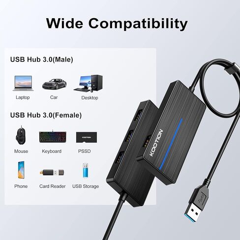 KOOTION 4-Port USB 3.0 Hub، مركز بيانات رفيع للغاية (سرعة نقل 5 جيجابت في الثانية) مع مؤشر LED لأجهزة MacBook، Windows PC، Surface، Mobile HDD، Ultrabook، محرك فلاش، كمبيوتر محمول (أسود) in Kuwait