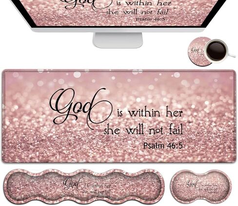 Keyboard Mouse Pad Set,Extended Gaming Mouse Pad + Memory Foam Keyboard Wrist Rest Support, Proverbs 31:25, Bible Pink Office Desk Mat Writing Pad Easy Typing Pain Relief,XXL Large Mousepad Desk Mat in Kuwait