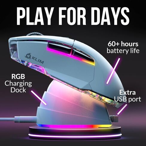 KLIM Blaze X RGB + New 2023 + Rechargeable Wireless Gaming Mouse with Charging Dock + Long-Lasting Battery + Up to 12000 DPI + Wired & Wireless Mouse PC, PS5, PS4, Mac + Black in Saudi Arabia