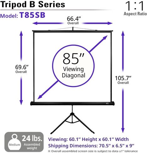 Elite Screens Tripod B, 85-INCH 1:1, Lightweight Pull Up Foldable Stand, Manual, Movie Home Theater Projector Screen, 4K / 8K Ultra HDR 3D Ready, US Based Company 2-YEAR WARRANTY, T85SB, black in Saudi Arabia