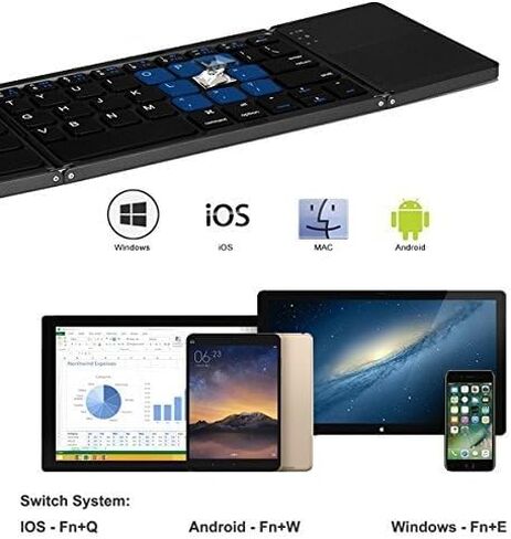لوحة مفاتيح IKOS قابلة للطي بلوتوث لاسلكية محمولة مع لوحة لمس قابلة لإعادة الشحن بحجم كامل ونحيف للغاية ولوحة مفاتيح صغيرة قابلة للطي لأجهزة iPhone iPad Mini/Pro/Air iOS Android والهواتف الذكية/الأجهزة اللوحية والنوافذ in Kuwait