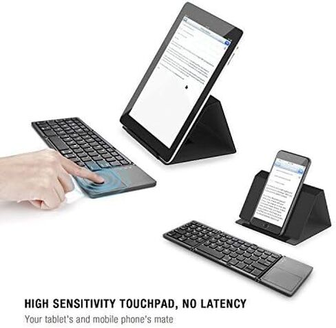 لوحة مفاتيح IKOS قابلة للطي بلوتوث لاسلكية محمولة مع لوحة لمس قابلة لإعادة الشحن بحجم كامل ونحيف للغاية ولوحة مفاتيح صغيرة قابلة للطي لأجهزة iPhone iPad Mini/Pro/Air iOS Android والهواتف الذكية/الأجهزة اللوحية والنوافذ in Kuwait