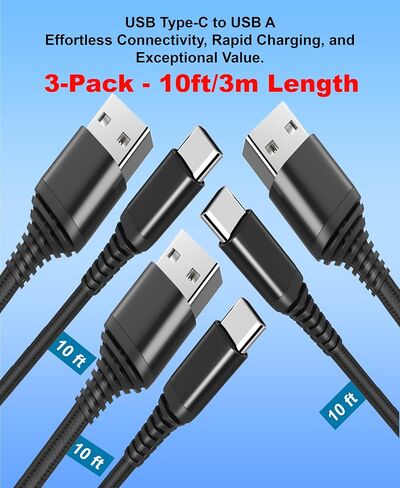 10-Pack USB Type-C Cables [6.6ft | 3A Fast Charge | Braided] – USB-A to USB-C Charger Cord, Compatible with iPhone 15/16/17, Galaxy S25/S24/S23/Z Flip Note20, Pixel 8/7/6, iPad Mini, PS5 – Value Set in Saudi Arabia