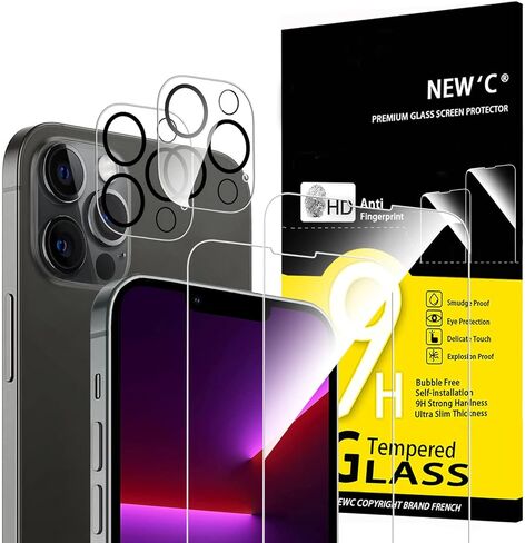 NEW'C [4 عبوات، 2 × واقي شاشة زجاجي لهاتف iPhone 13 Pro Max و2 × واقي عدسة الكاميرا، مقاوم للخدش، لا يوجد فقاعات هواء، متين للغاية، زجاج مقسى بصلابة 9H in Saudi Arabia