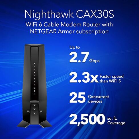 جهاز توجيه مودم كابل NETGEAR Nighthawk WiFi 6 مع اشتراك للحماية من التهديدات السيبرانية لمدة 90 يومًا (CAX30S) - متوافق مع Xfinity وSpectrum وCox، AX2700 (حتى 2.7 جيجابت في الثانية) DOCSIS 3.1 (متجدد) in Saudi Arabia