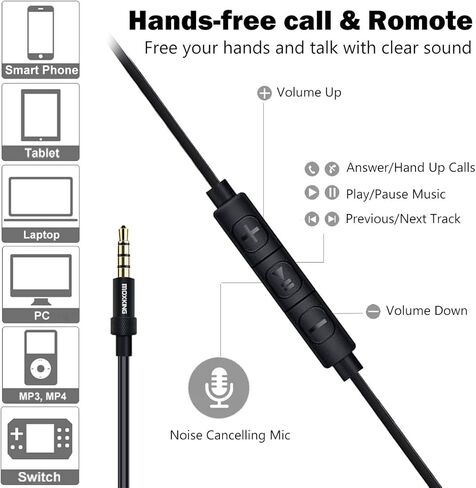سماعات أذن سلكية معدنية متينة من MOXKING مع ميكروفون وتحكم في مستوى الصوت، صوت عميق وواضح عازل للضوضاء في سماعات الأذن، وسادات أذن للهواتف المحمولة، والكمبيوتر المحمول، والكمبيوتر، وأجهزة iPad، وiPod، والألعاب in Kuwait