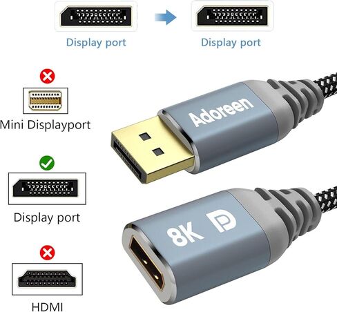 Adoreen 8K DisplayPort Extension Cable 15 feet, Braided DP to DP Extended 1.4 Cord (from 0.6-25ft) Male to Female (8K@60Hz 4K@120Hz 2K@165Hz) Extender Display Port with 5 Ties in Kuwait