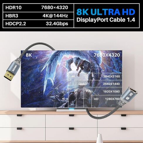 Adoreen 8K DisplayPort Extension Cable 15 feet, Braided DP to DP Extended 1.4 Cord (from 0.6-25ft) Male to Female (8K@60Hz 4K@120Hz 2K@165Hz) Extender Display Port with 5 Ties in Kuwait