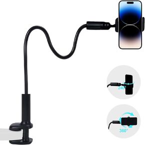 Moxamo Gooseneck Phone Holder for Bed, Newly Upgraded 900° Universal Lazy Bracket, Flexible Long Arm Clip Clamp Cell Phone Stand for Table, Bed,ect.Compatible with All 4.7-7" Devices (Black)