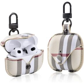Pujuyeka Leather Luxury Case for AirPods 3rd Generation 2021 with Keychain,Designer Plaid Cute Airpod Charging Case Cover Aesthetic Lockable Protective Air Pod Skin Cover (AirPod 3rd Gen 2021 Beige)