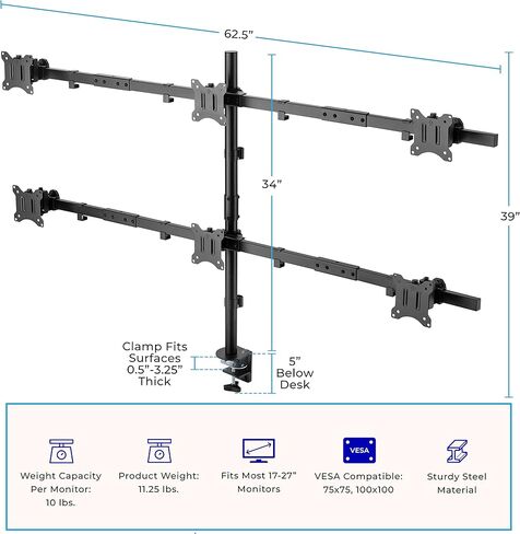 Stand Steady Clamp-On 4 Monitor Mount Desk Stand | Height Adjustable Quad Monitor Stand with Full Articulation VESA Mounts | Fits Most LCD/LED Monitors 13-32 Inches | Easy Set-Up Four Monitor Arm in Kuwait