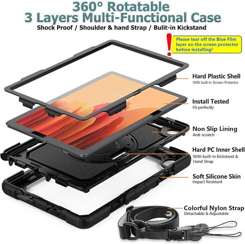 SEYMAC stock Case for Samsung Galaxy Tab A7 10.4 2022/2020 with Screen Protector, 360 Rotating Stand & Hand Strap, Drop-Proof Case for Galaxy Tab A7 10.4'' (T503/T509/T500/T505/T507), Black in Kuwait