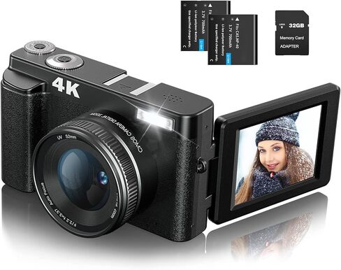DSOEKEU Digital Cameras for Photography, 4K 48MP Vlogging Camera for YouTube with 32GB Sd Card, 3'' 180° Flip Screen Compact Digital Video Camera with Flash, 2 Batteries, 16x Digital Zoom in Kuwait