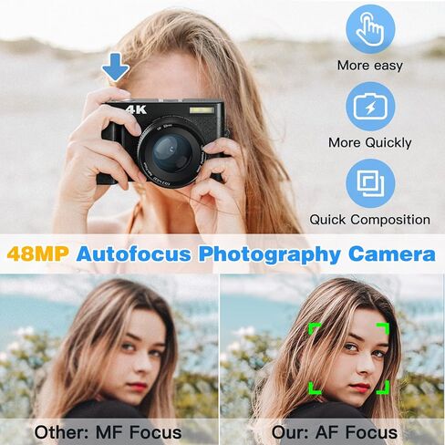 DSOEKEU Digital Cameras for Photography, 4K 48MP Vlogging Camera for YouTube with 32GB Sd Card, 3'' 180° Flip Screen Compact Digital Video Camera with Flash, 2 Batteries, 16x Digital Zoom in Kuwait