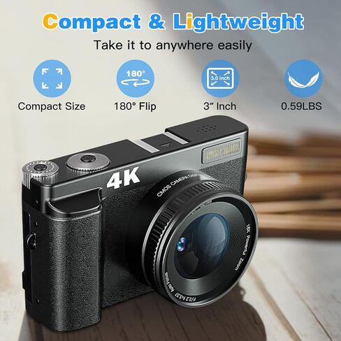 DSOEKEU Digital Cameras for Photography, 4K 48MP Vlogging Camera for YouTube with 32GB Sd Card, 3'' 180° Flip Screen Compact Digital Video Camera with Flash, 2 Batteries, 16x Digital Zoom in Kuwait