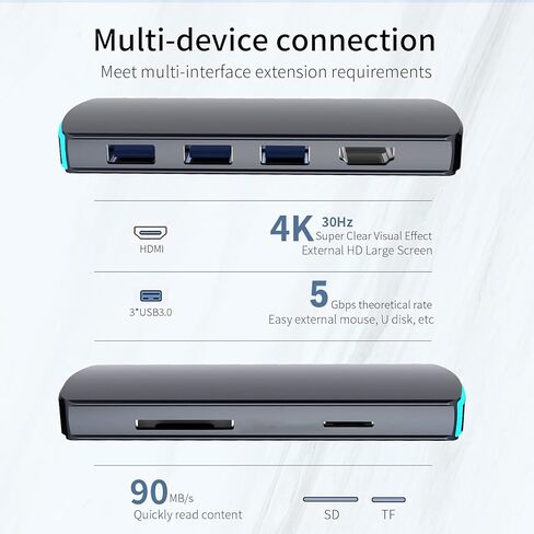 محطة شحن الكمبيوتر المحمول USB-C، محور USB C، محول متعدد المنافذ 6 في 1 USB C إلى HDMI مع 4K HDMI و3 USB3.0، وقارئ بطاقات SD/TF متوافق مع أجهزة الكمبيوتر المحمولة من النوع C (رمادي) in Kuwait
